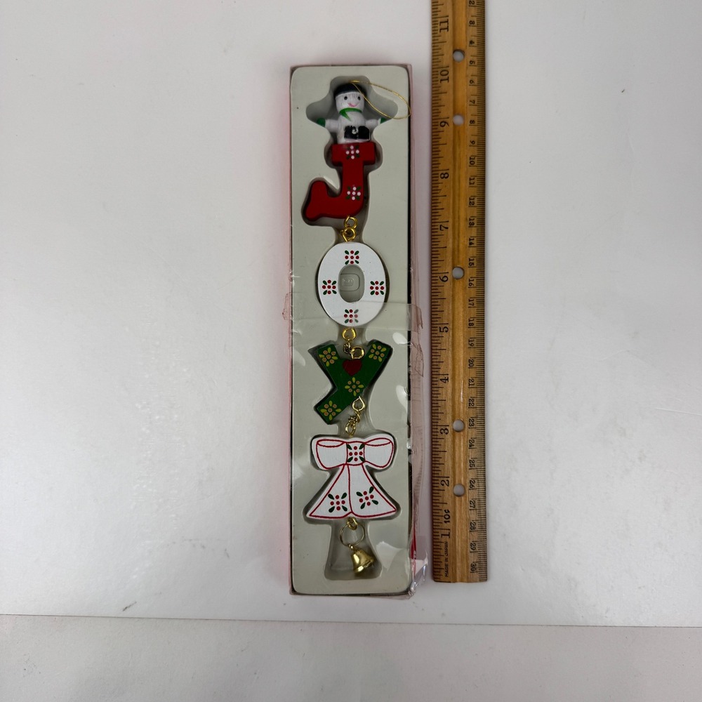 Vtg Christmas Expressions Joy Wood Hanging Ornament w Gold Accents Bell Snowman